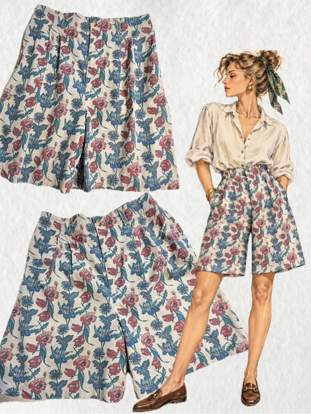 VINTAGE 80s floral woodland Bermuda walking shorts high waist relaxed fit flower
